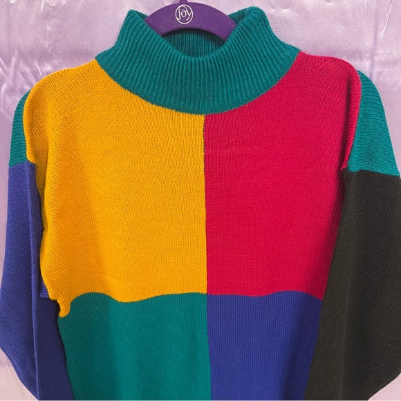 Carolina Bay women’s vintage funky color block knit turtleneck sweater dress - Picture 2 of 5